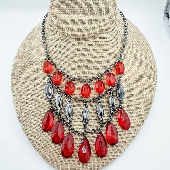 Vintage Parure Blood Red Teardrop Necklace Earrings Set Vampire Glam Bling Drape - Picture 7 of 12